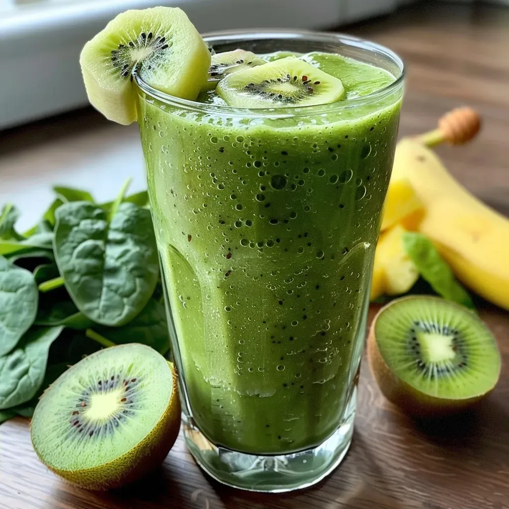 A vibrant Kiwi Smoothie with kiwi slices and a banana on the side.