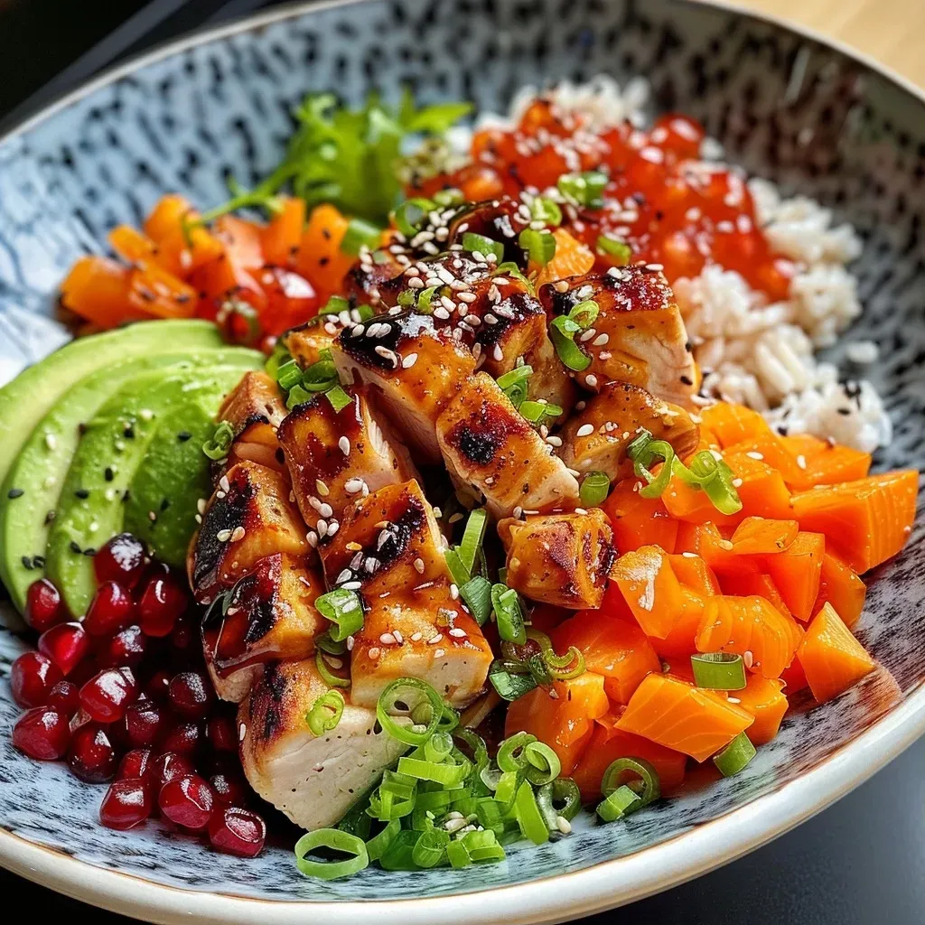 A close-up view of a vibrant Kürbis bowl featuring diced pumpkin, chicken breast, and black lentils.