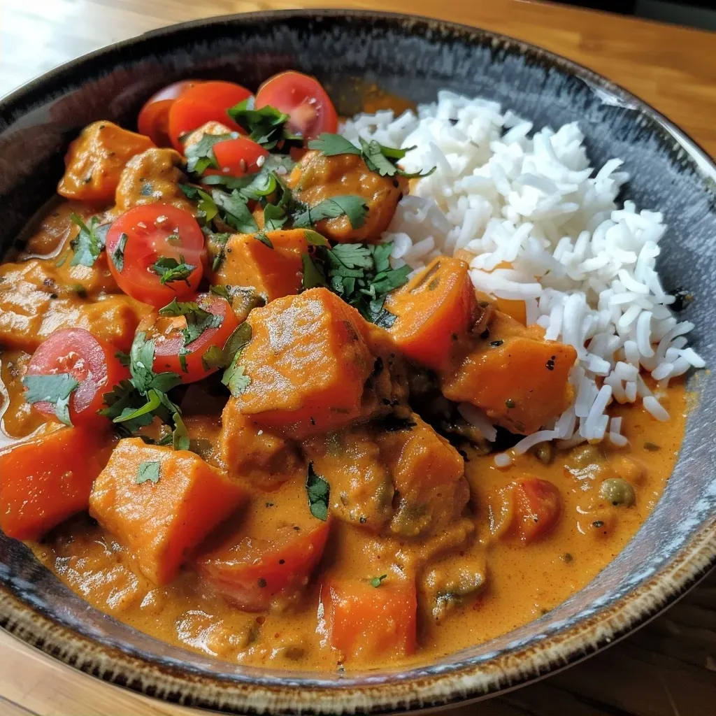 Side view of a creamy Kürbis-Linsen-Curry featuring diced Hokkaido pumpkin and lentils, garnished with herbs.