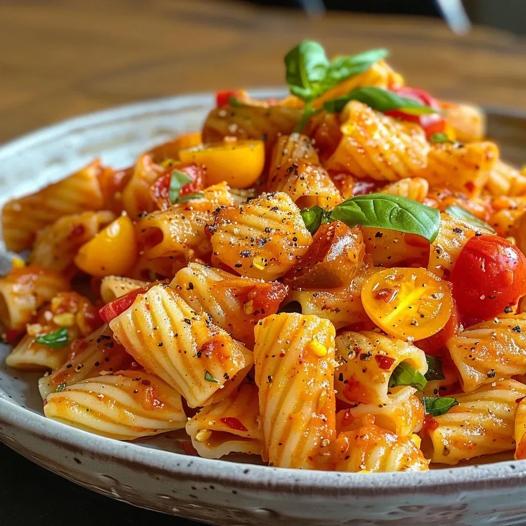 A close-up view of a creamy pumpkin pasta dish topped with crumbled feta and walnuts.