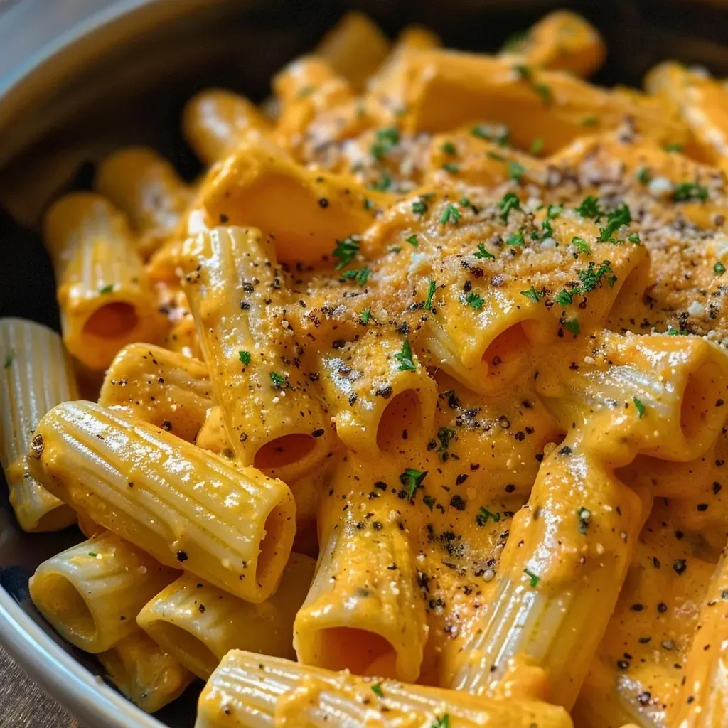 Side view of a delicious dish of Kürbispasta garnished with pine nuts.