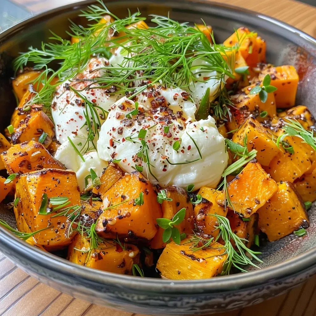 Side view of a colorful Linsen Bowl garnished with feta cheese and cashews.