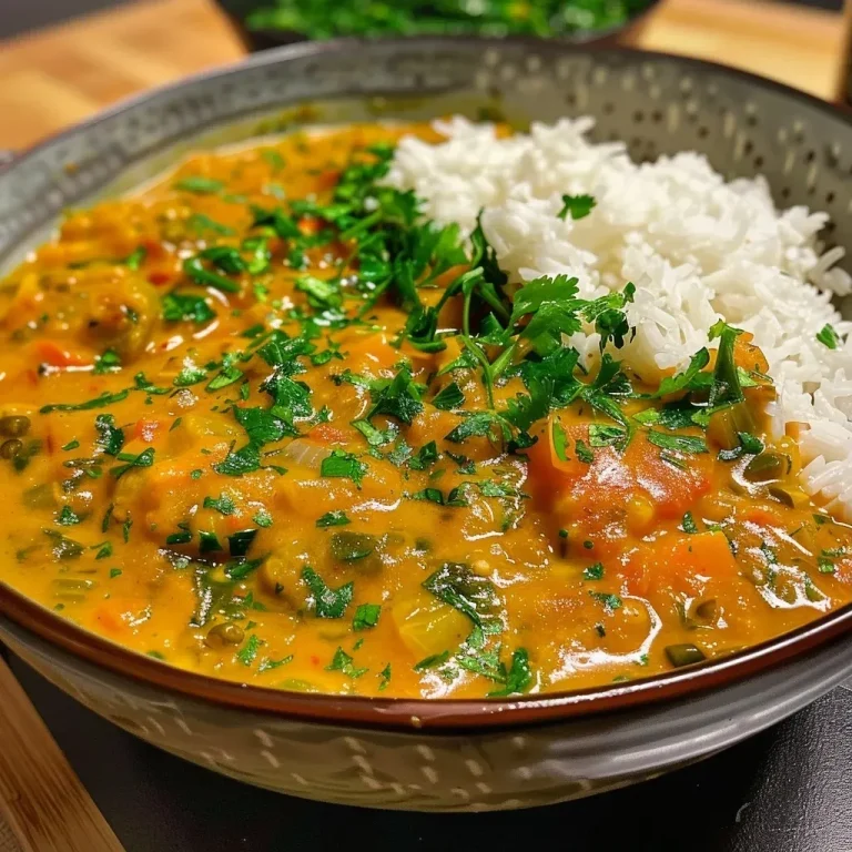 Close-up side view of a creamy Linsencurry in a bowl, garnished with fresh cilantro.