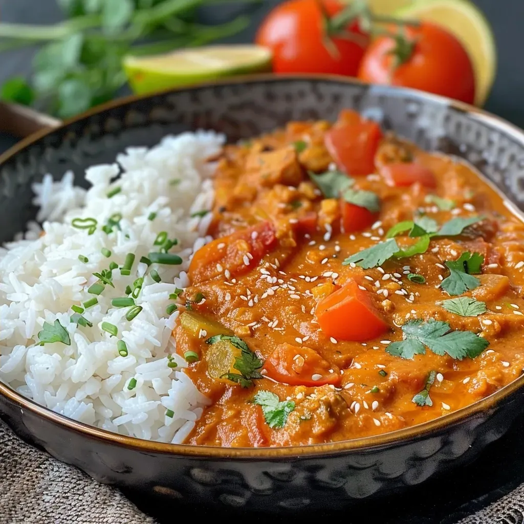 A vibrant dish of Linsencurry showcasing red lentils and coconut milk, viewed from the side.