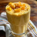 Close-up view of a glass of Mango Lassi with a creamy texture and mango chunks.
