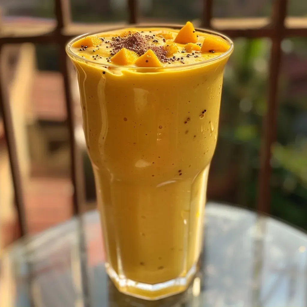 A refreshing mango lassi made with canned mango pulp, served in a clear glass with ice cubes.