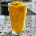 Close-up view of a vibrant mango smoothie in a glass, showcasing its creamy texture.