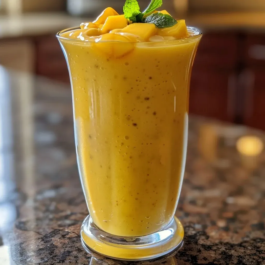 Side profile of a mango smoothie filled with chunks of mango and topped with a slice of fresh mango.