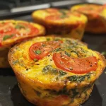 A close-up view of golden mini frittata muffins with visible spinach and red pepper chunks.