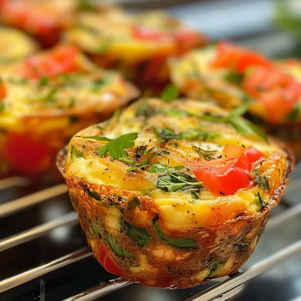 Side view of freshly baked mini frittata muffins, showcasing a fluffy texture and vibrant colors.