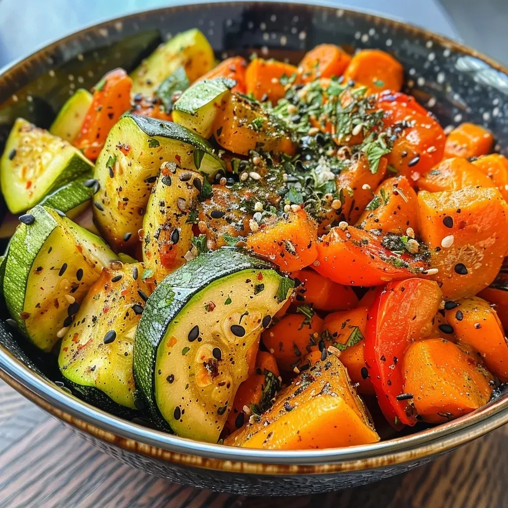 Close-up of a colorful Ofengemüse bowl featuring roasted vegetables.