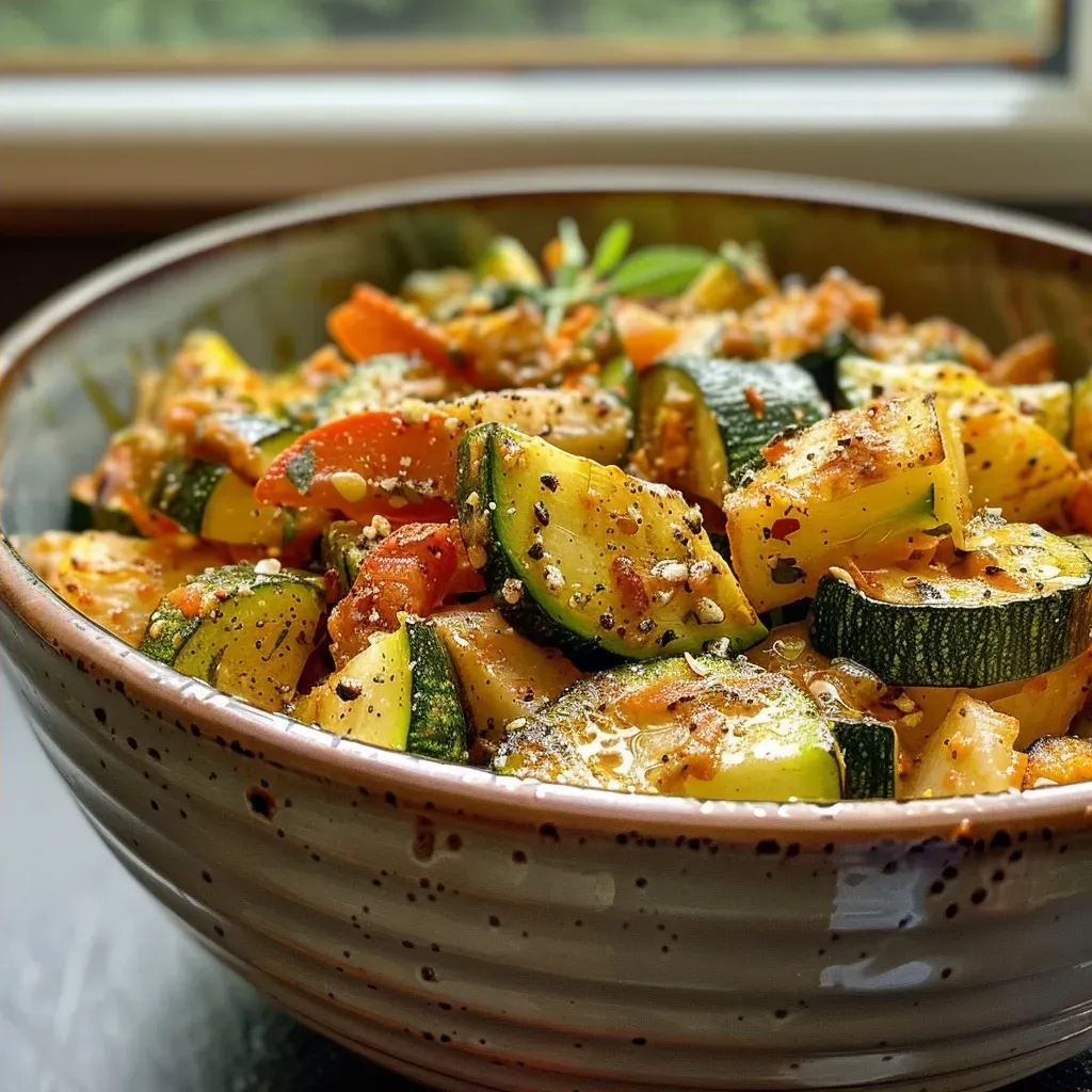 Side view of a vibrant vegetable bowl showcasing carrots, zucchini, and more.