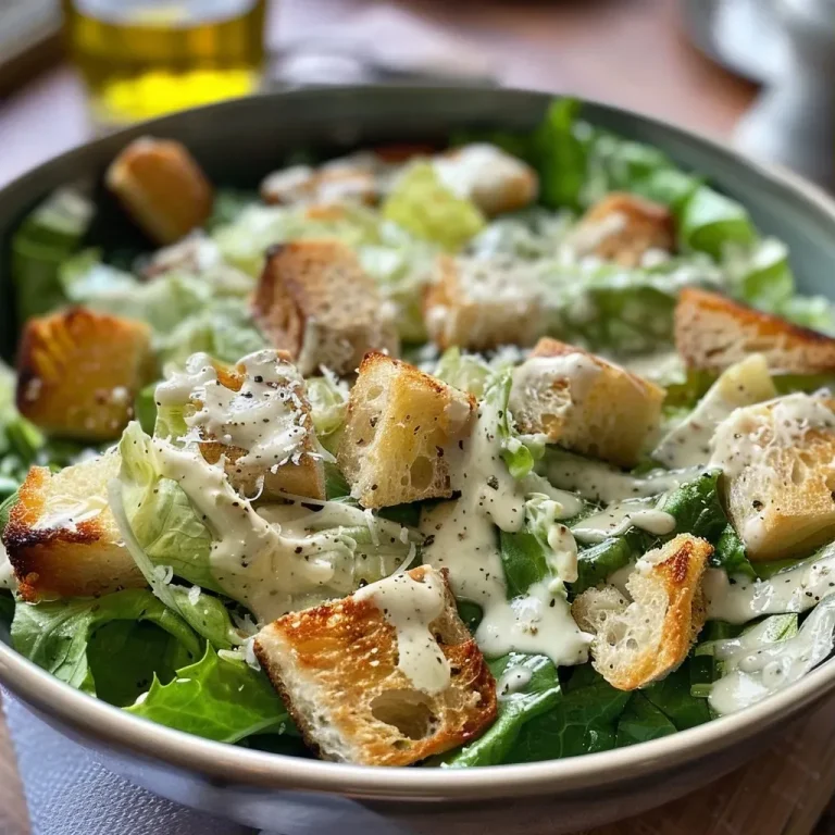 Close-up view of a Caesar salad with chicken, showcasing fresh romaine lettuce and croutons.