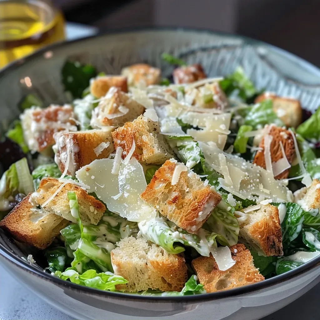 Detailed side shot of a delicious Caesar salad topped with sliced grilled chicken and sprinkled Parmesan.