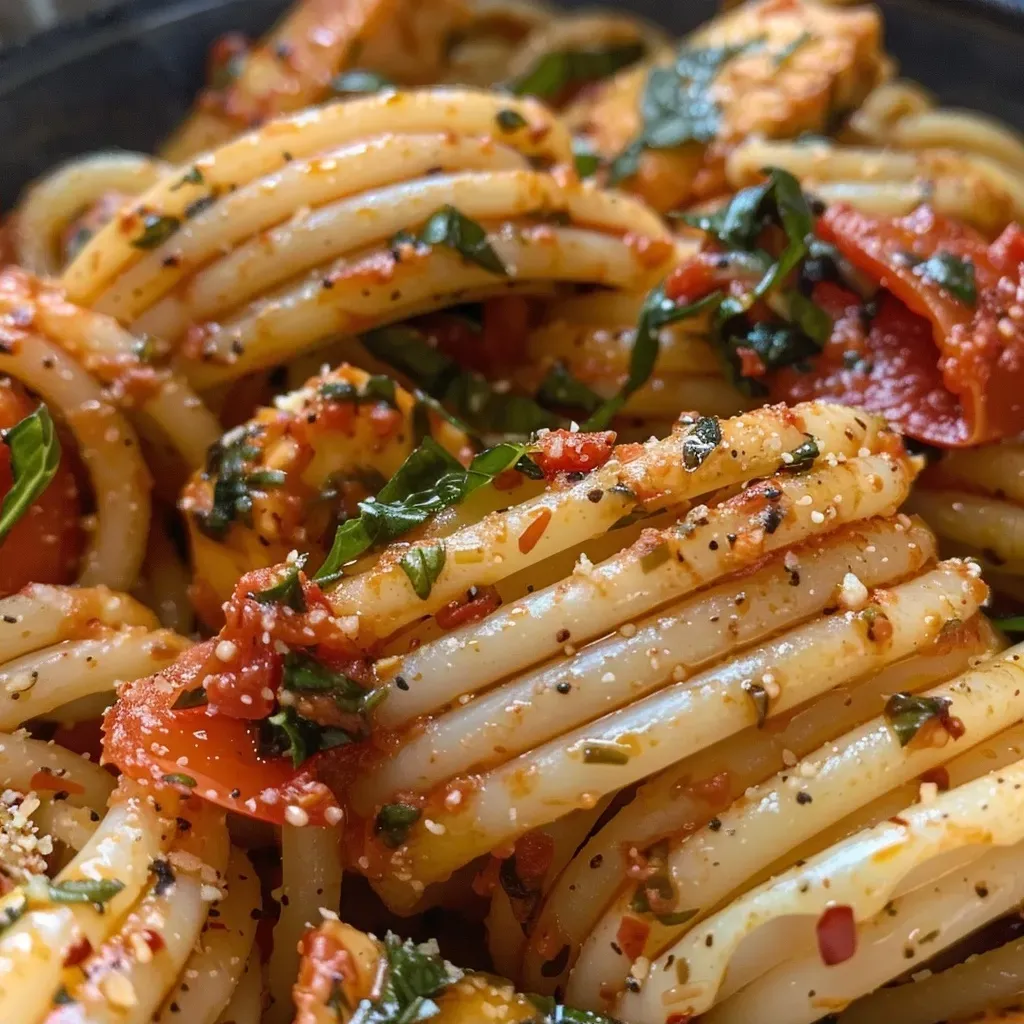 Juicy pasta mixed with chicken, spinach, and mozzarella in meal prep container.