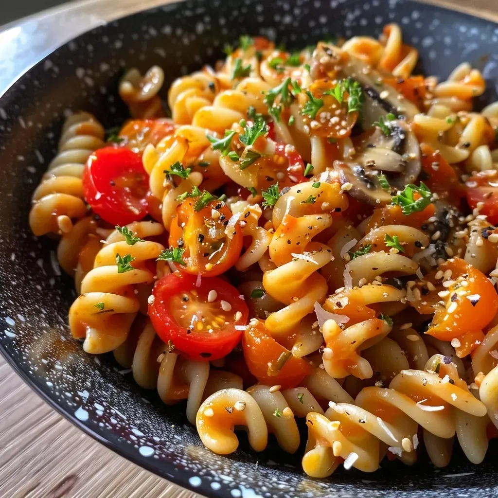 Creamy pasta with pumpkin sauce garnished with herbs and walnuts.