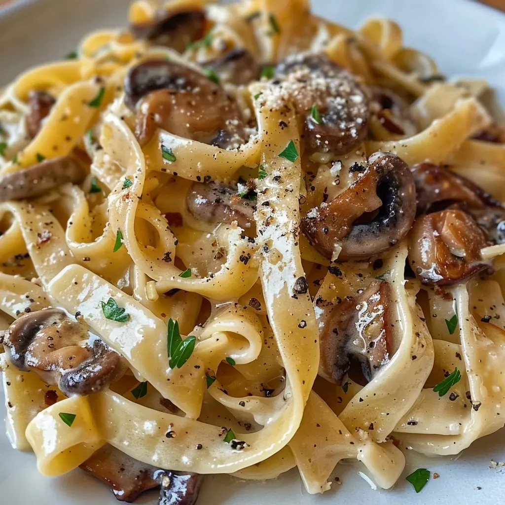 Side angle of tagliatelle coated in a rich sauce with mushrooms.