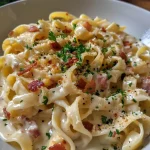 Close-up view of creamy pasta with chanterelle sauce and herbs.