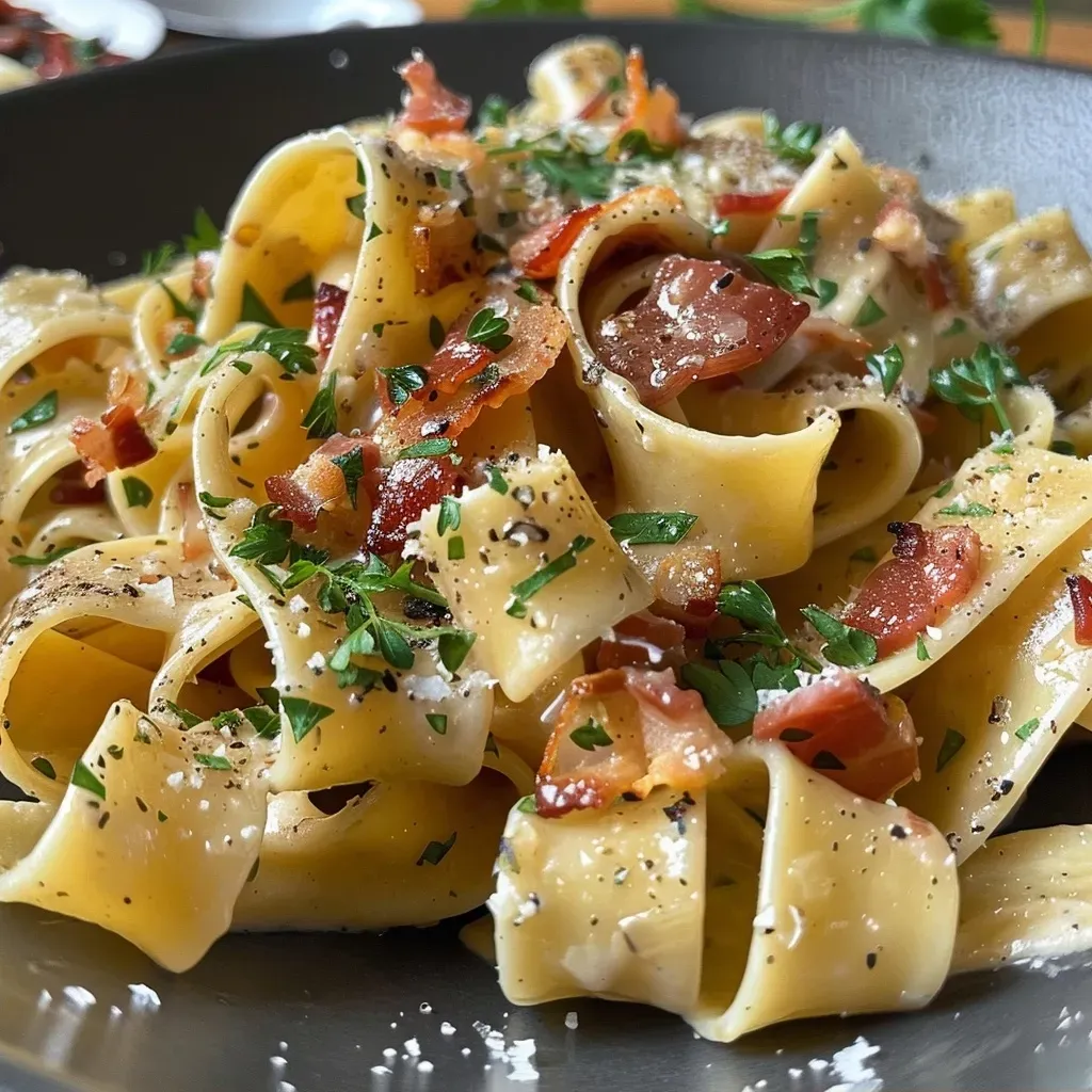 Side view of band noodles topped with sautéed chanterelles and sauce.