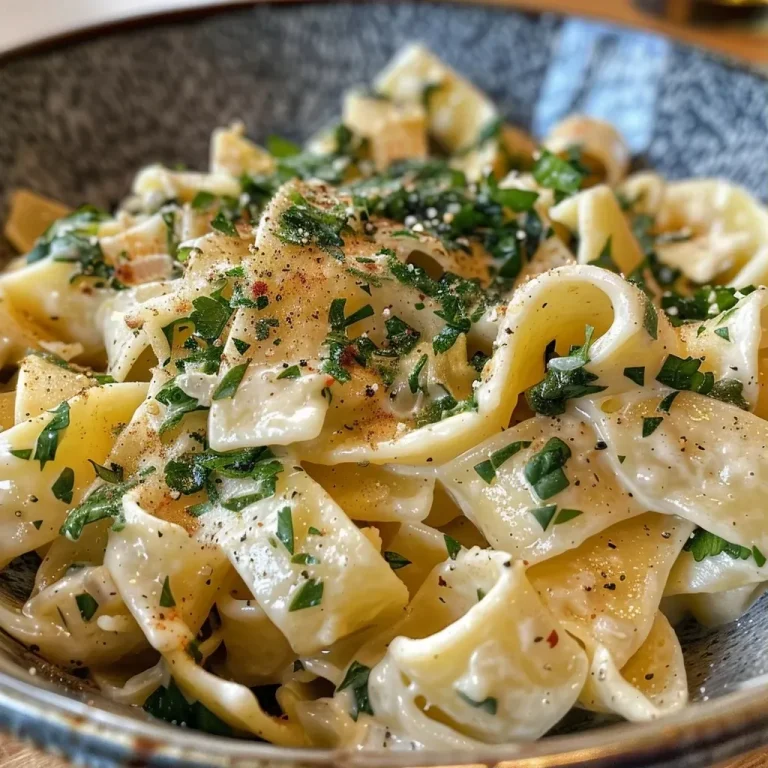 Close-up view of creamy Pfifferlinge pasta garnished with herbs.