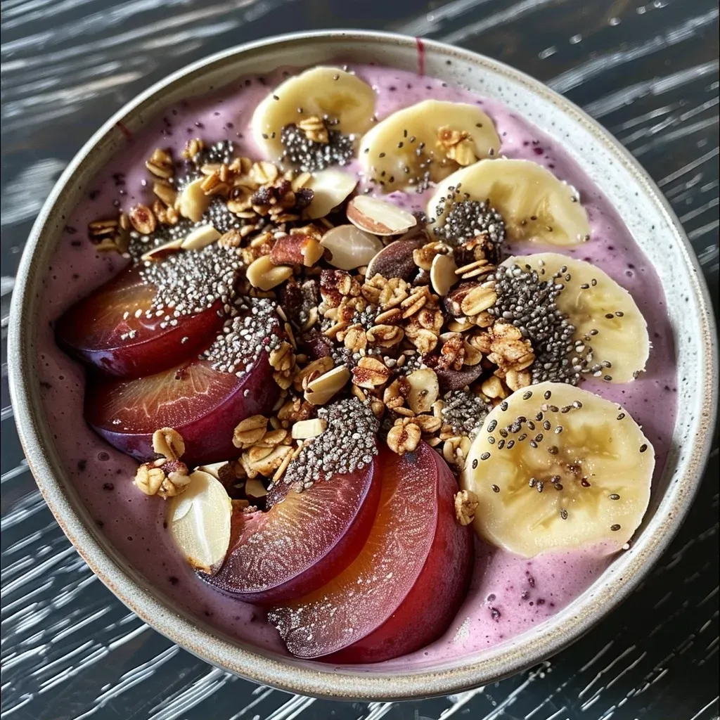 A vibrant plum smoothie bowl topped with fresh fruits and nuts.