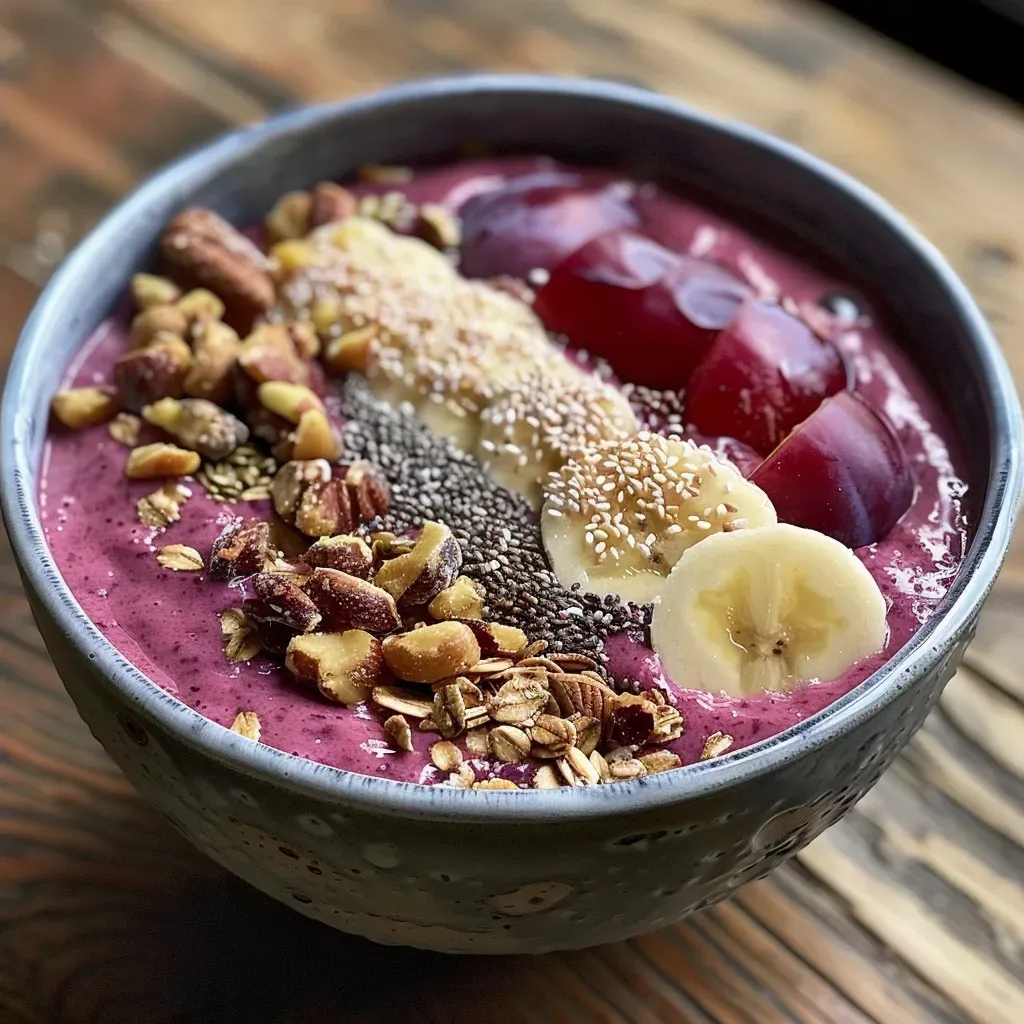 Close-up of a smoothie bowl featuring plums, granola, and seeds.
