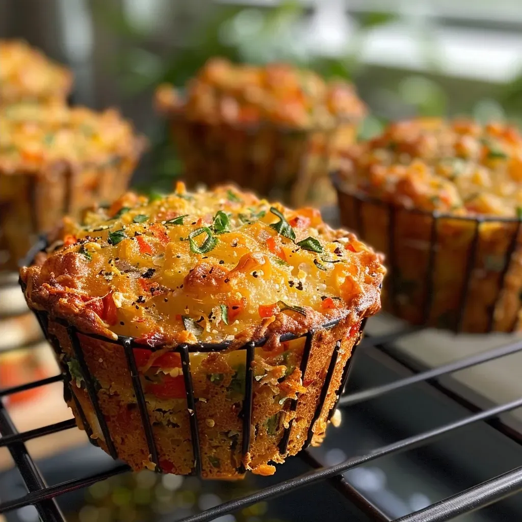Side angle photo of deliciously spiced Pikante Muffins, highlighting their moist interior.