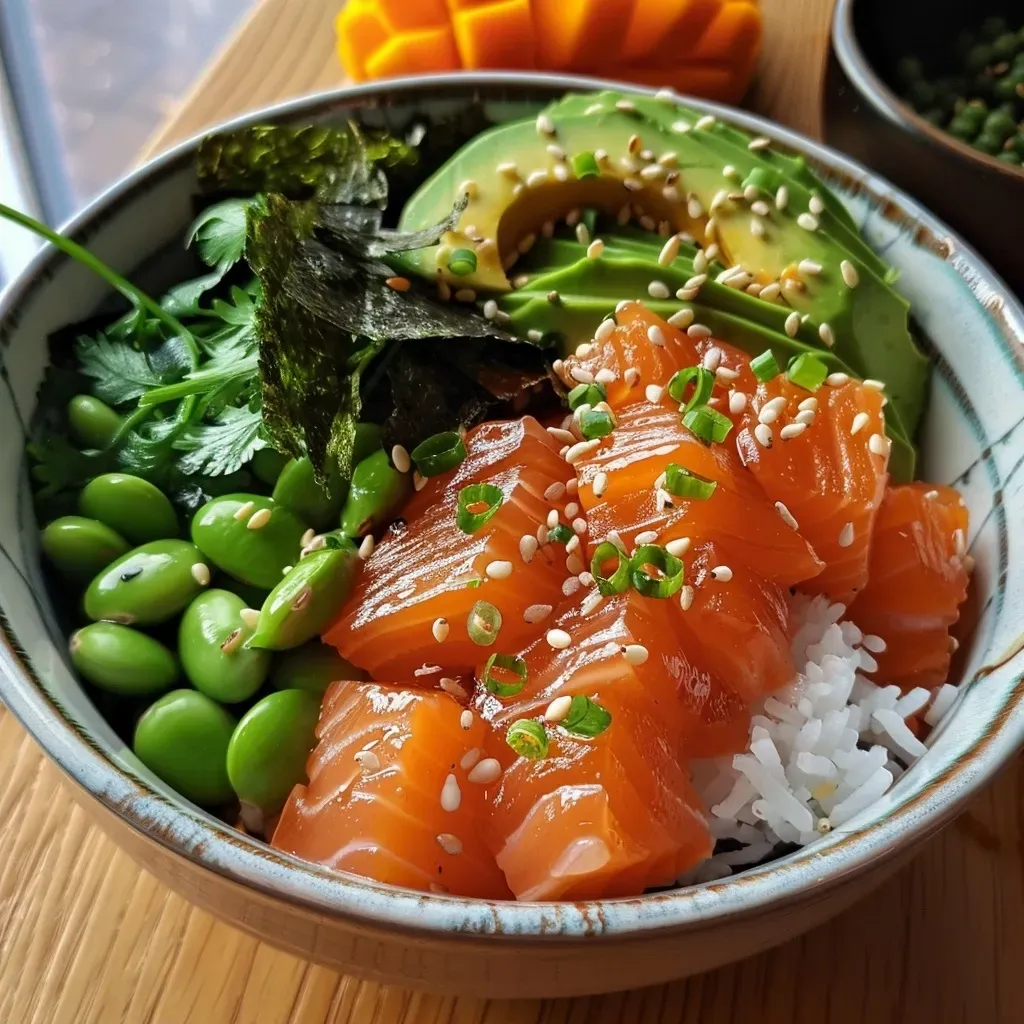 Side angle of a freshly prepared Poke Bowl featuring diced salmon, avocado, and vegetables.