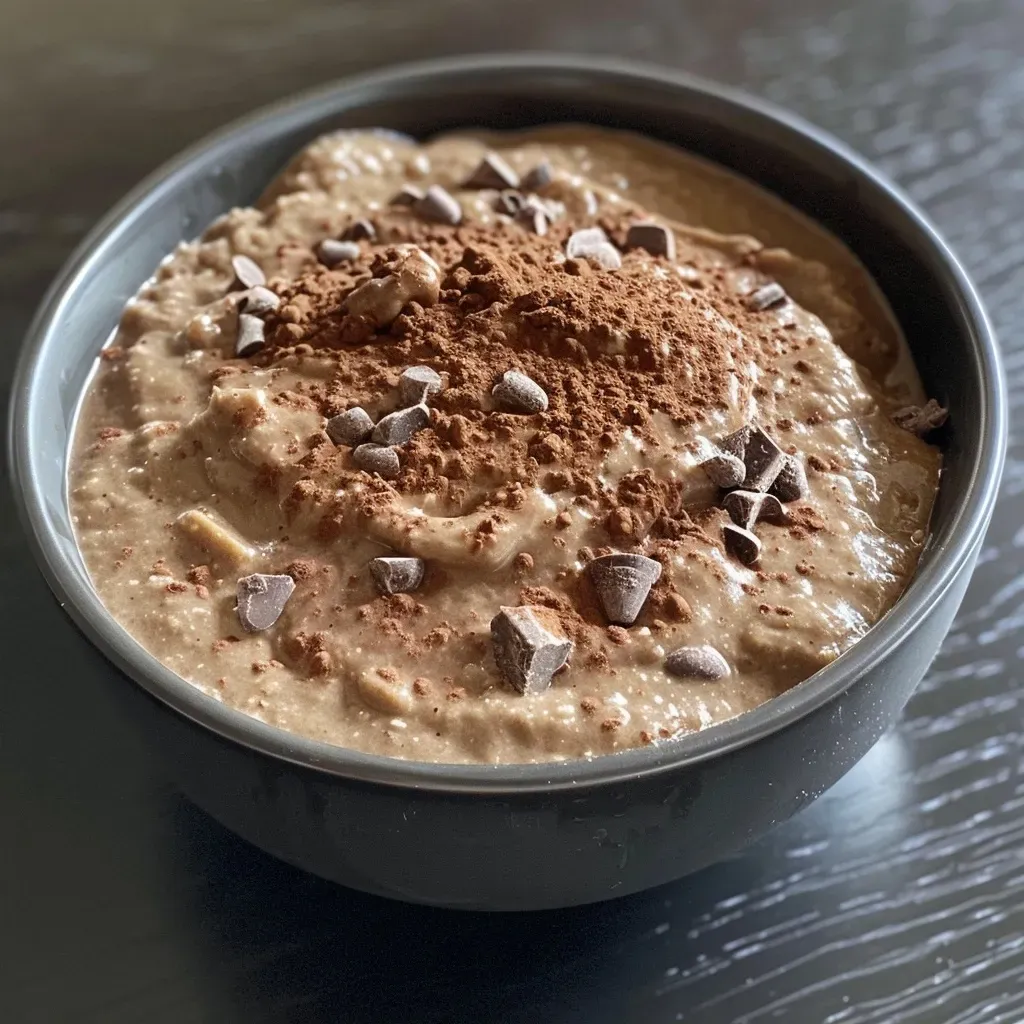A close-up side view of a protein mug cake, showcasing its moist texture and chocolate color.