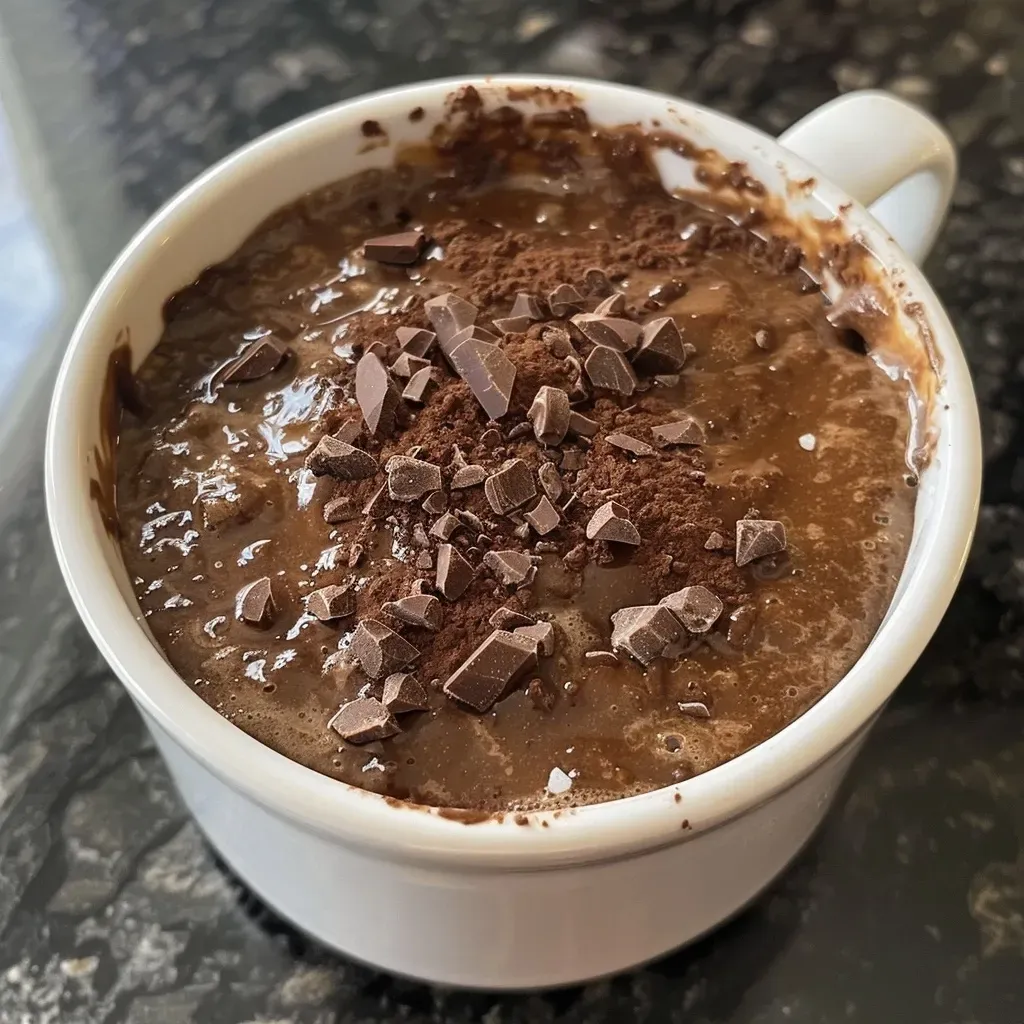 A delicious-looking protein mug cake in a mug, captured in detail with visible chocolate chips.