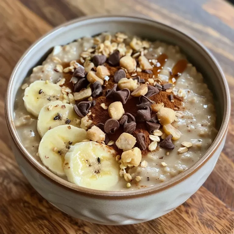 Cremiger Protein Porridge für einen kraftvollen Start in den Tag Close-up view of creamy protein porridge topped with banana slices and granola.