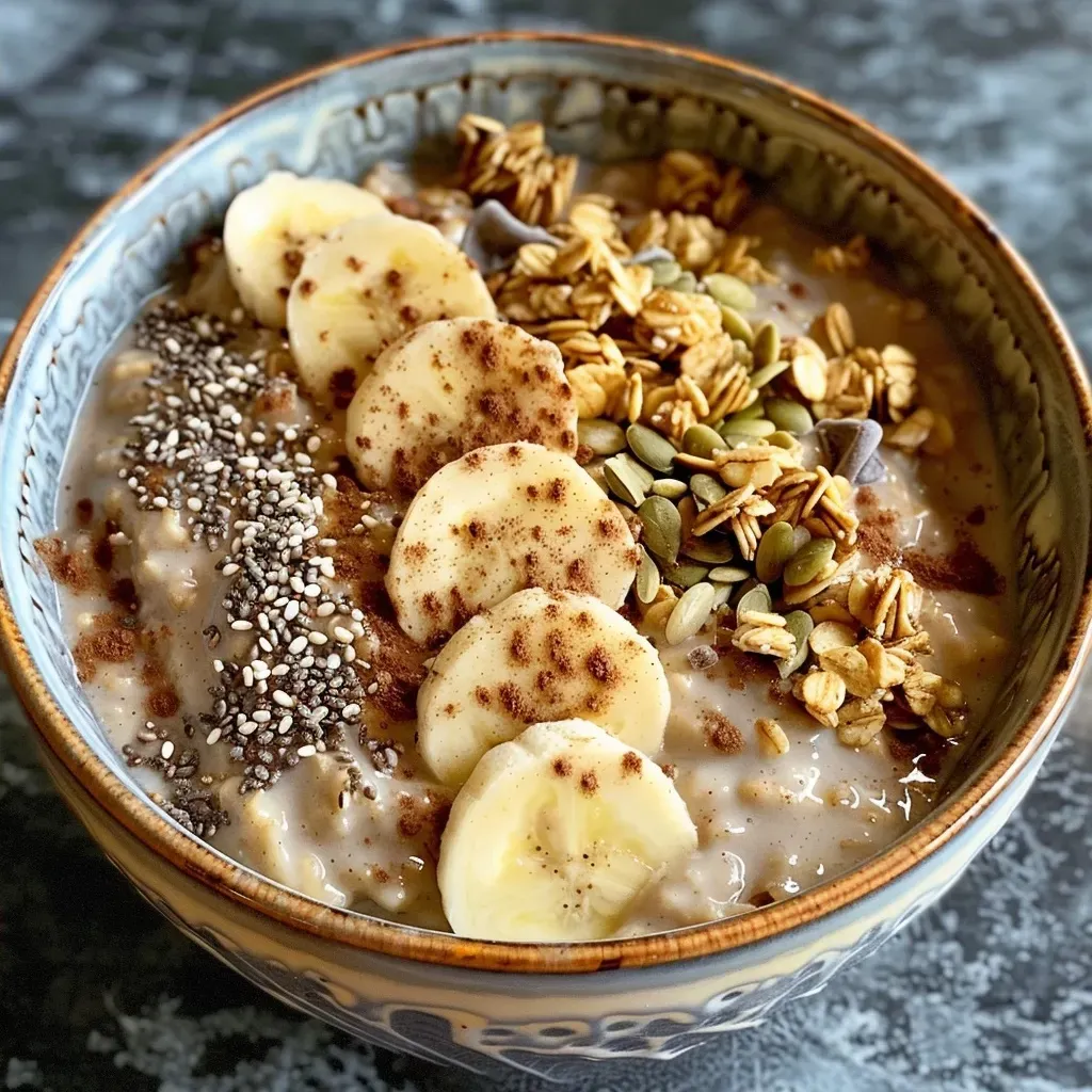 Side profile of a bowl of protein porridge with a sprinkle of hemp seeds and chocolate chips.