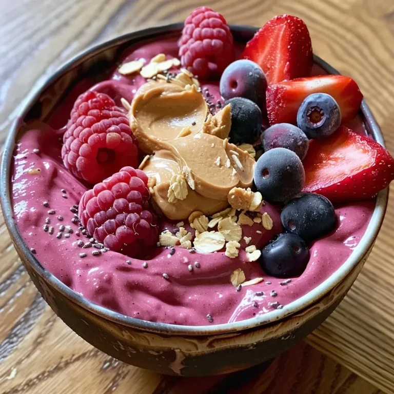 Meine Lieblings-Protein Smoothie Bowl für einen energiereichen Start in den Tag Close-up view of a vibrant protein smoothie bowl topped with mixed berries and nuts.