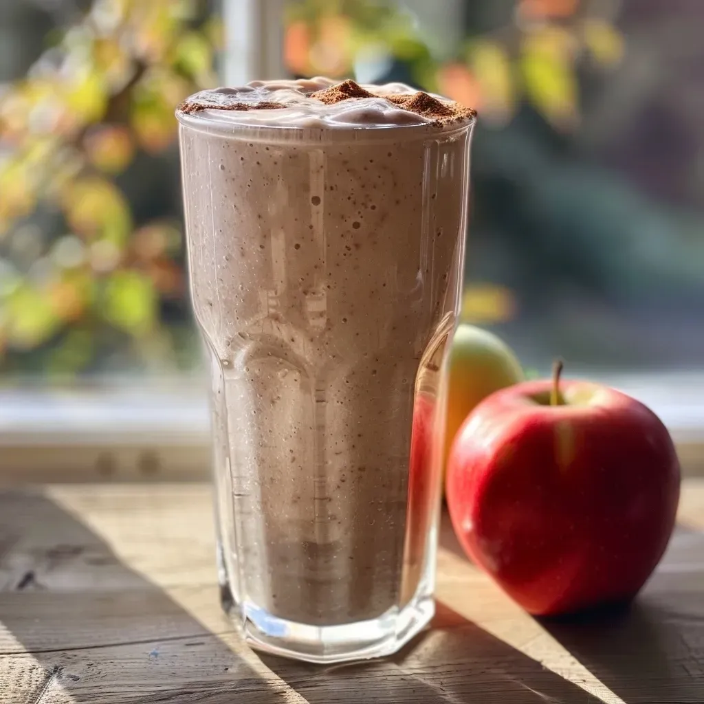 Side view of a thick, creamy protein smoothie with visible fruit pieces and nuts.