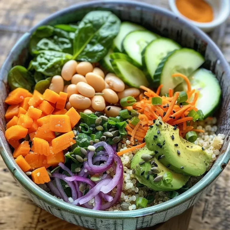 Close-up view of a colorful protein-packed veggie bowl featuring quinoa, beans, and fresh vegetables.