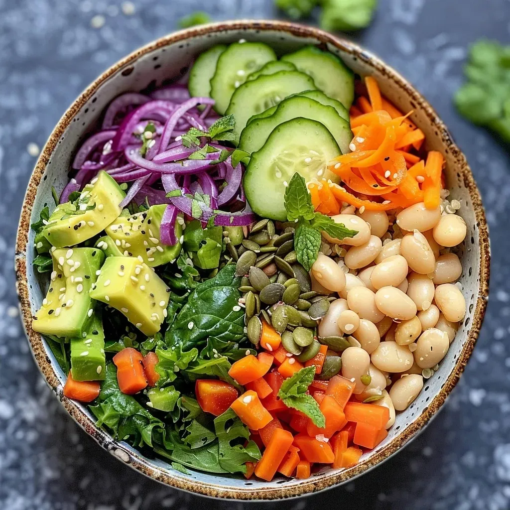Side view of a vibrant veggie bowl filled with quinoa, avocado, and assorted chopped vegetables on a wooden surface.