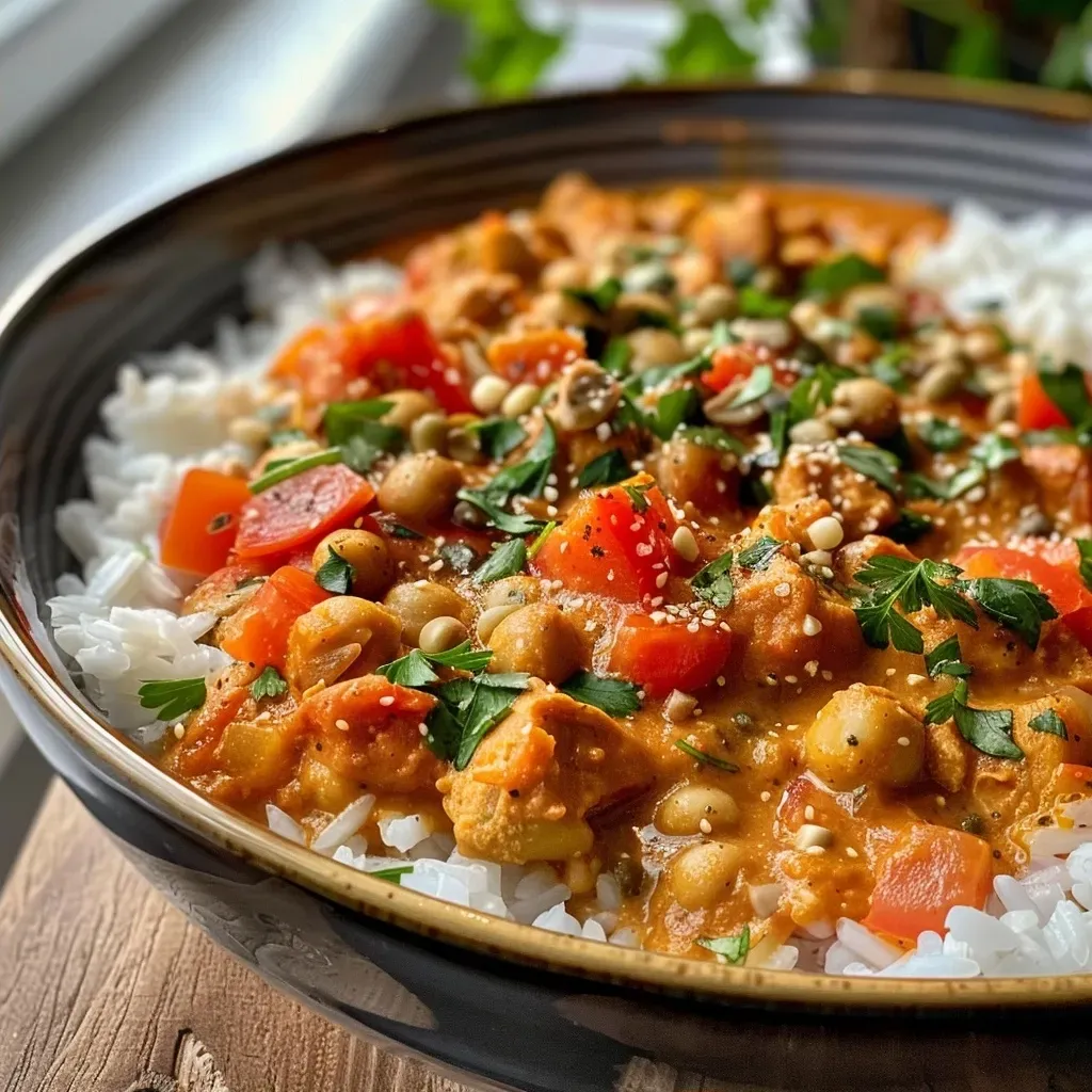 Side view of a creamy chickpea curry garnished with spices and herbs.