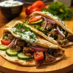 Close-up of juicy Seitan Gyros served in pita bread with fresh vegetables.