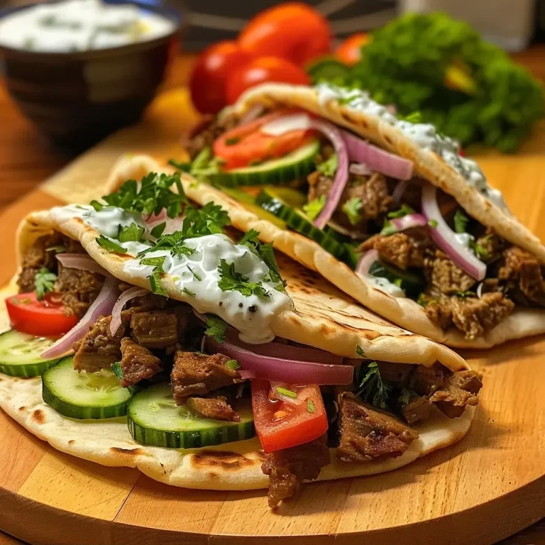 Close-up of juicy Seitan Gyros served in pita bread with fresh vegetables.