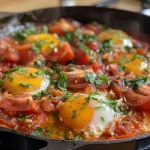 Close-up view of a single serving of Shakshuka with poached eggs and vibrant tomatoes.