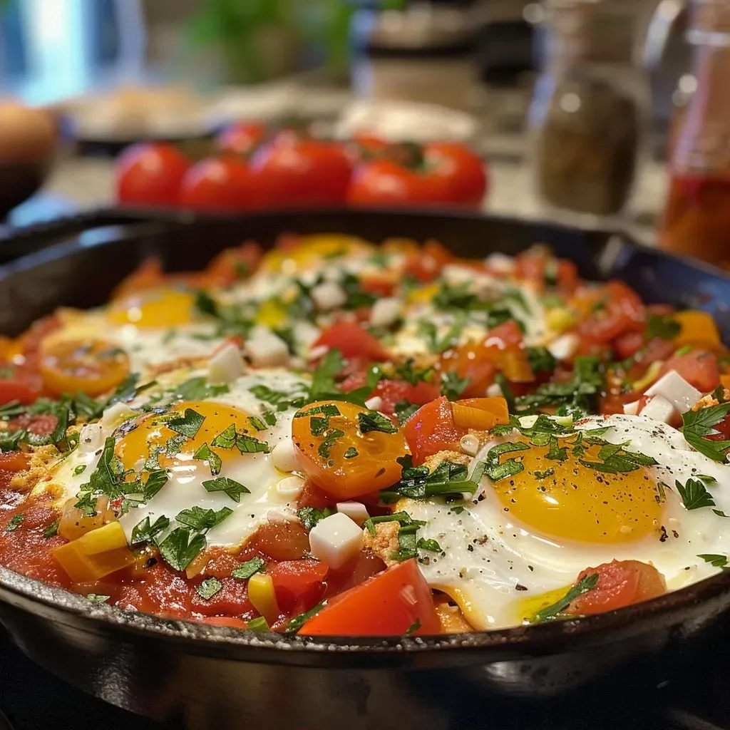 Side view of a bowl of Shakshuka, featuring diced onions and fresh tomatoes.