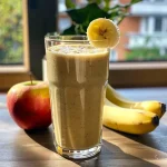 A close-up side view of a smoothie made with grapes and bananas in a glass.