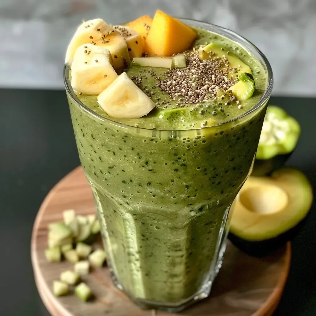 Close-up view of a vibrant green spinach smoothie in a glass, showing texture and freshness.