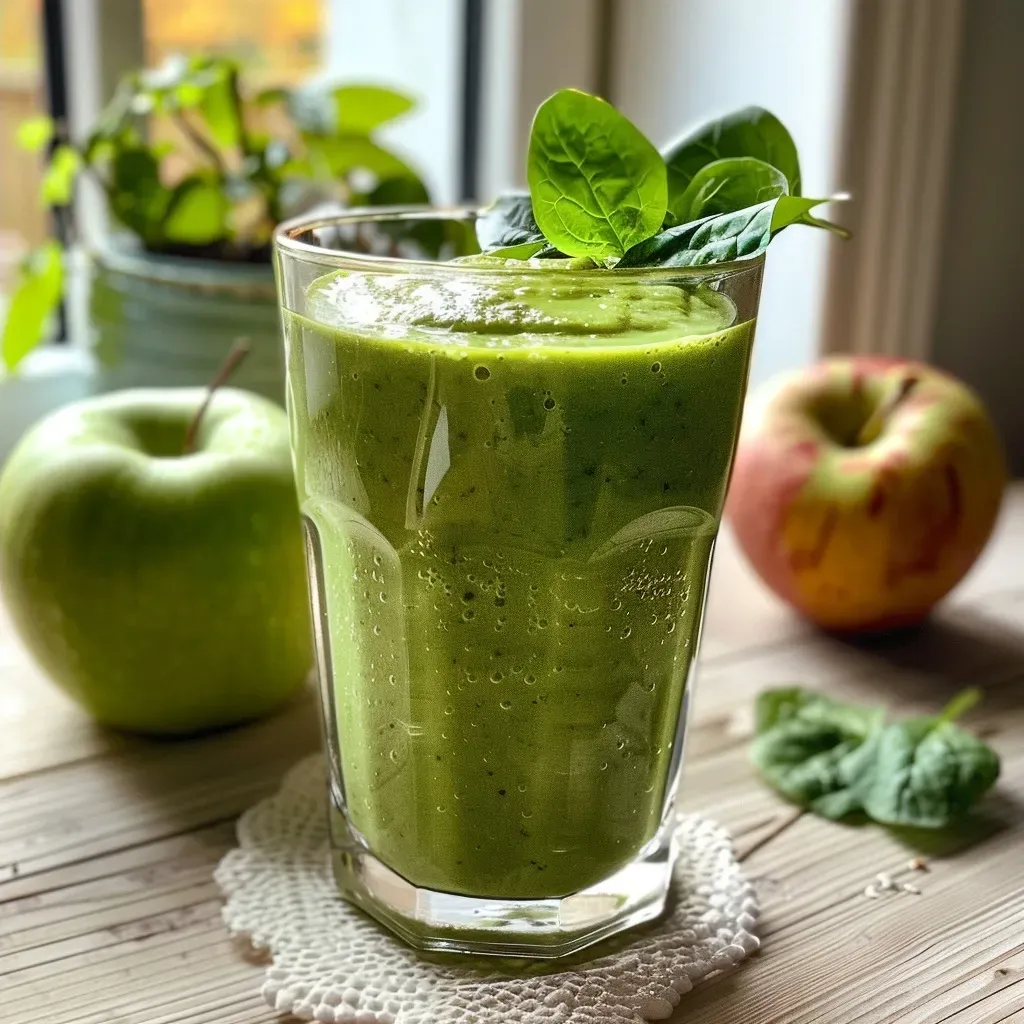 Side profile of a healthy spinach smoothie made with greens, banana, and avocado, captured against a simple background.
