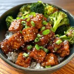 A close-up view of a Sticky Tempeh Bowl featuring tempeh, broccoli, and rice.