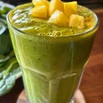 Close-up of a vibrant green smoothie with visible chunks of pineapple and ginger.