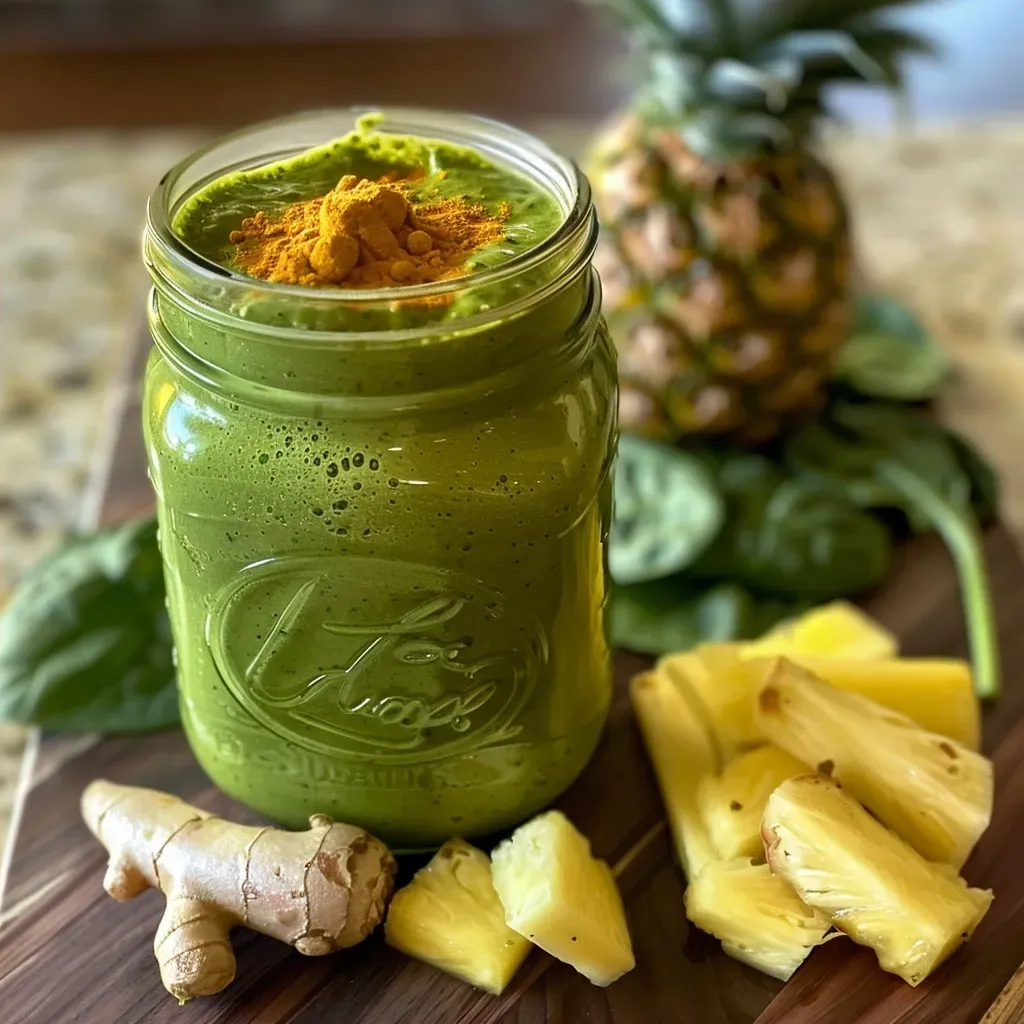 Side view of a Superfood Smoothie in a glass, showcasing spinach and a creamy texture.