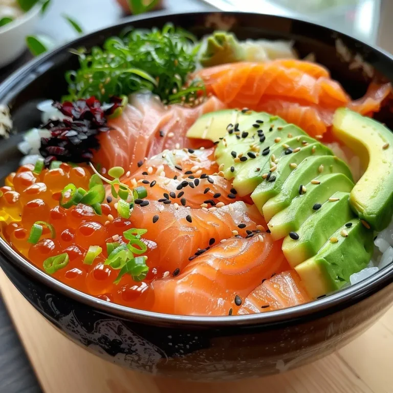 Close-up view of a vibrant sushi bowl featuring salmon, avocado, and cucumbers.