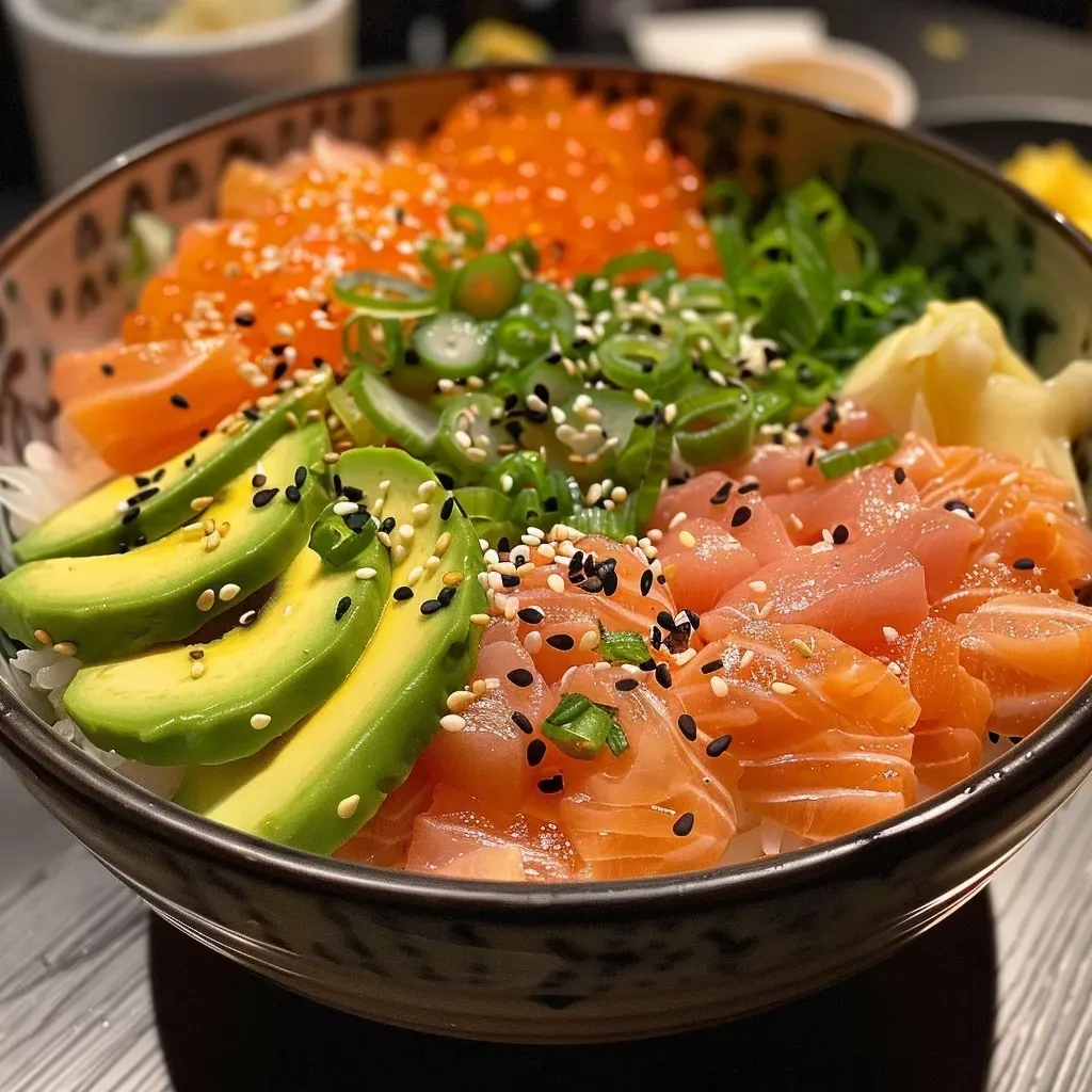 Side view of a colorful sushi bowl filled with rice, salmon, and fresh vegetables.