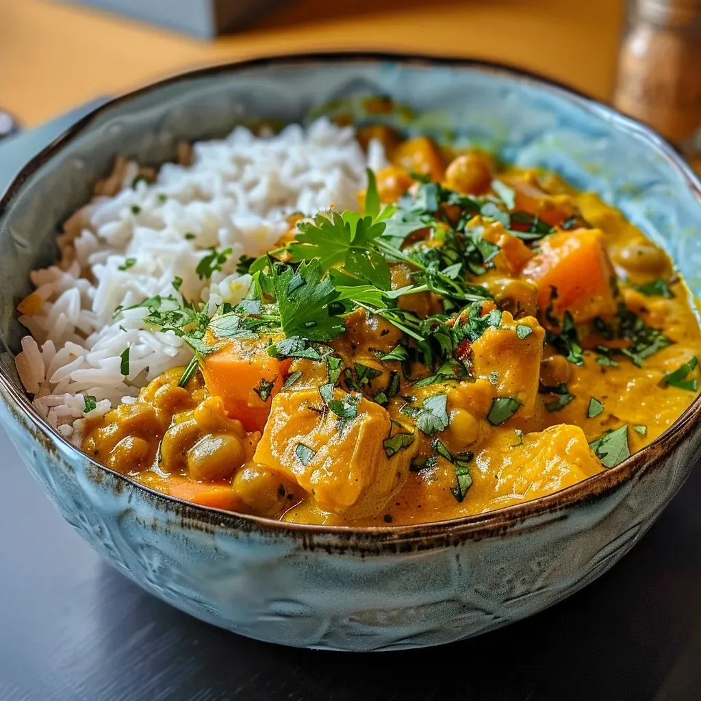Juicy Süßkartoffel Curry with chunks of sweet potato and cashews, served with rice.